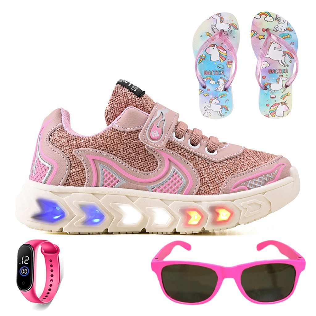 Tenis Infantil De Led Casual Jogger Meninas Escolar Basico + Chinelo + Oculos + Relogio em Oferta na Shopee