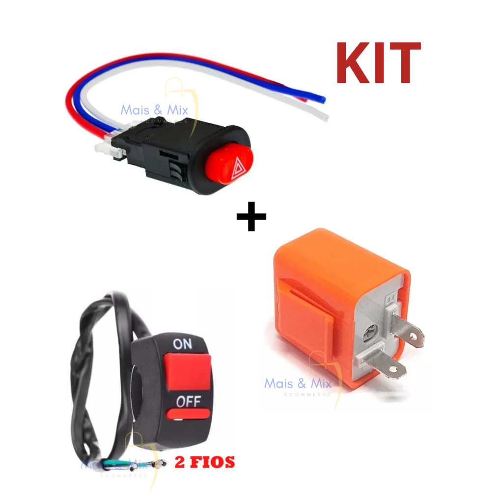 Kit Rele Pisca 12V 2 Pinos + Botão On/Off Farol Auxiliar + Botão Pisca Alerta 3 Fios Universal para Moto ENVIO RÁPIDO