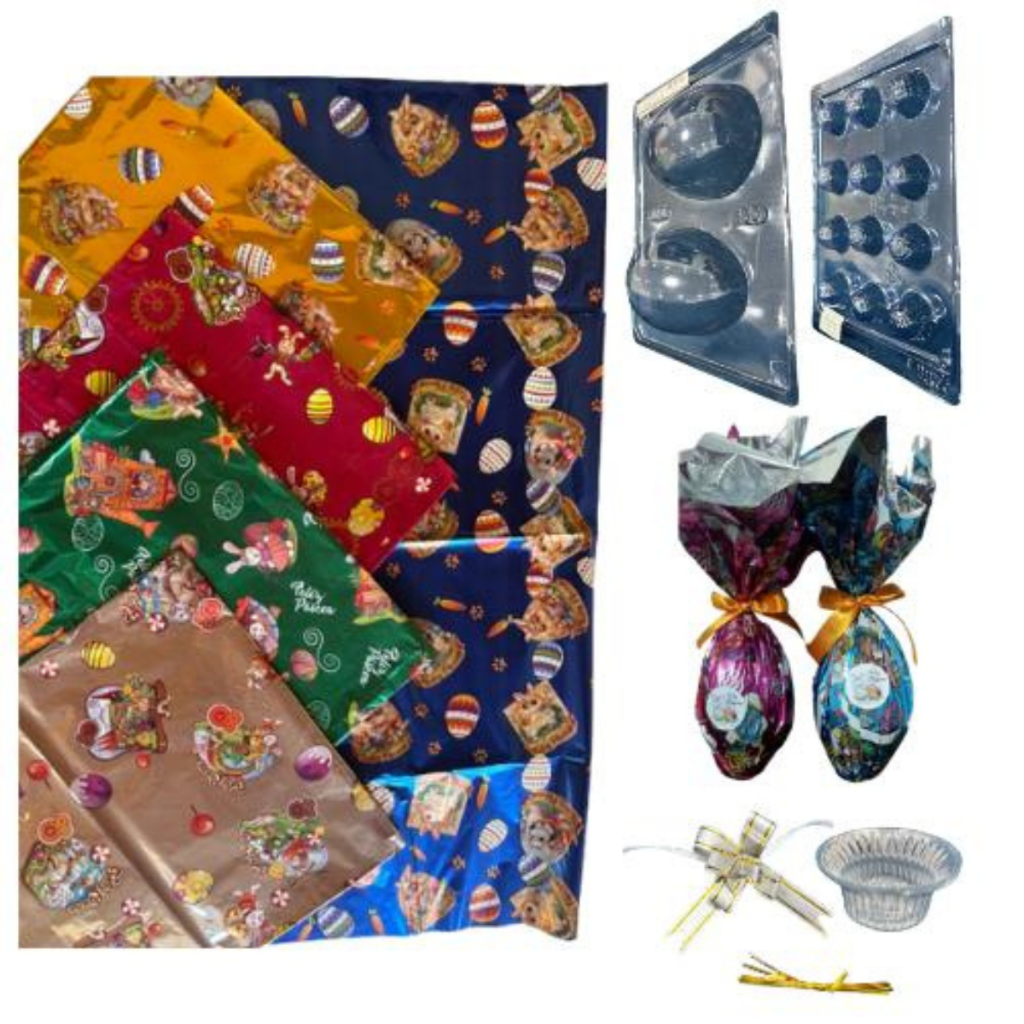 kit 5 folhas embalagem Ovo de Páscoa 250g completo, com 10 bases,10 laços, 2 formas p/ o Ovo  e Bombons sem silicone. em Oferta na Shopee