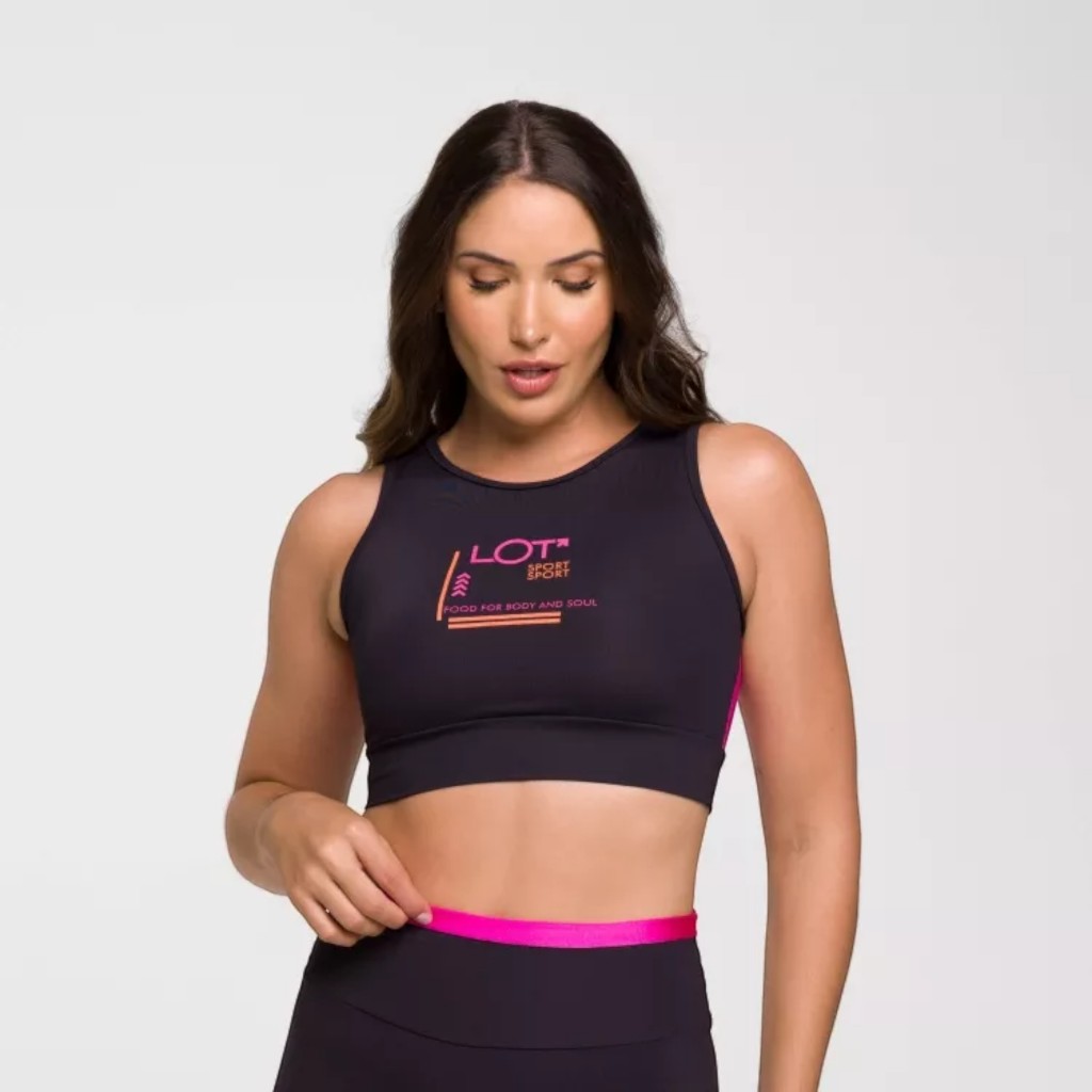 Top Sport Preto Poliamida com Estampa Aberto nas Costas Rosa Lot Fitness em Oferta na Shopee