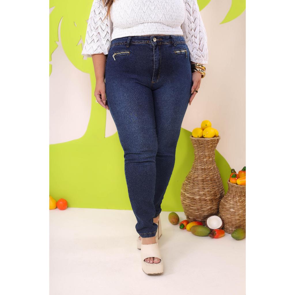 Calça Jeans Feminina Plus Size Com Lycra, Cintura Alta, Detalhe De Zíper Frontal, Rvt denim