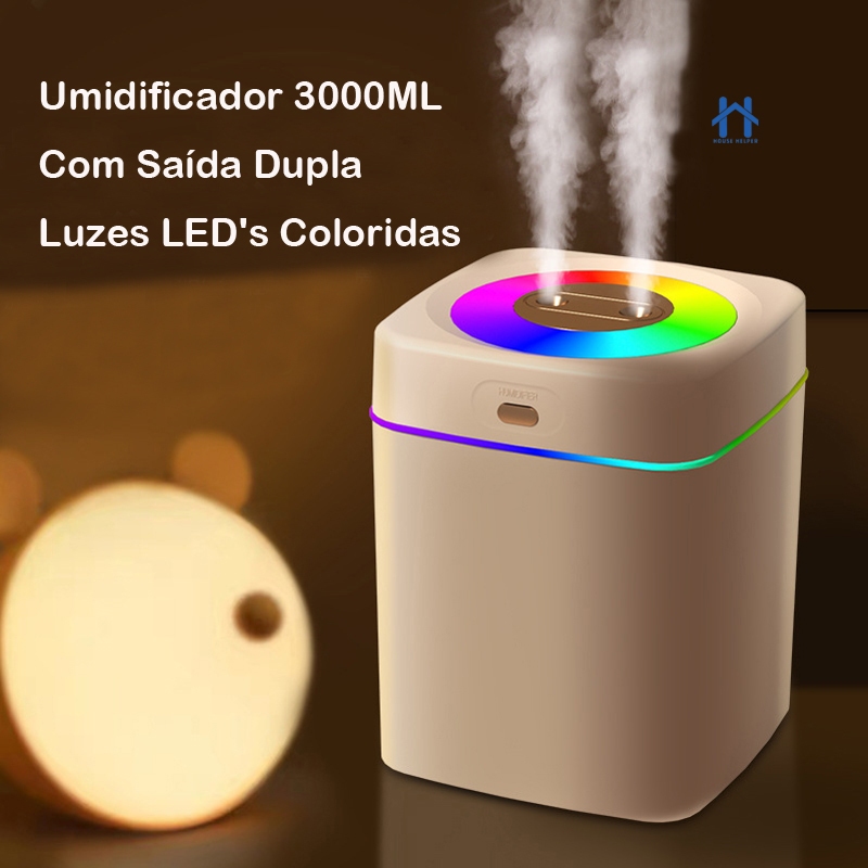 Umidificador Grande 3 Litros Saída Dupla Luzes LED's Coloridas Silencioso e Neblinas Controláveis em Oferta na Shopee