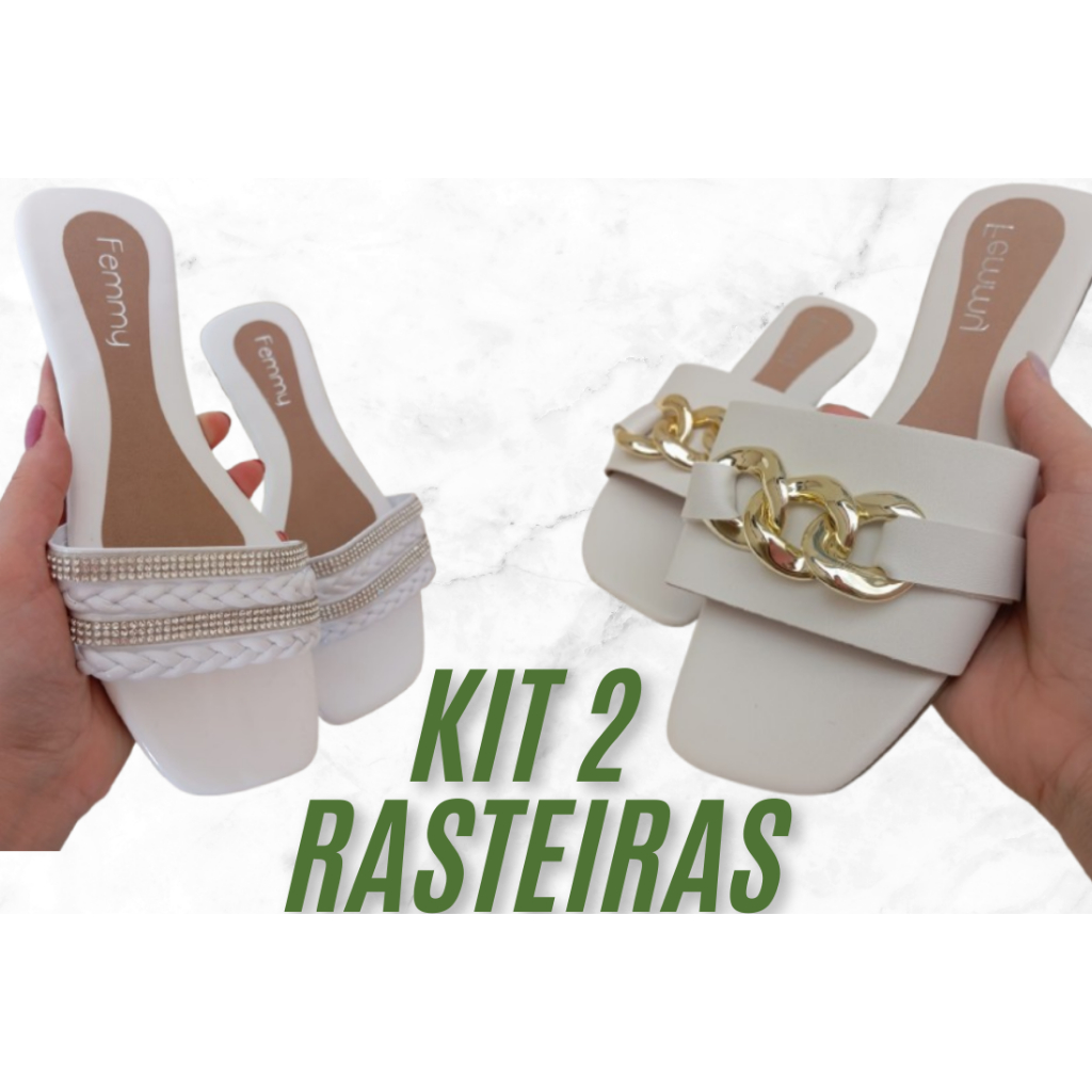 Kit com 2 rasteirinhas Brancas, com acessório e com strass e trança - Solado antiderrapante, Rasteira confortável em Oferta na Shopee