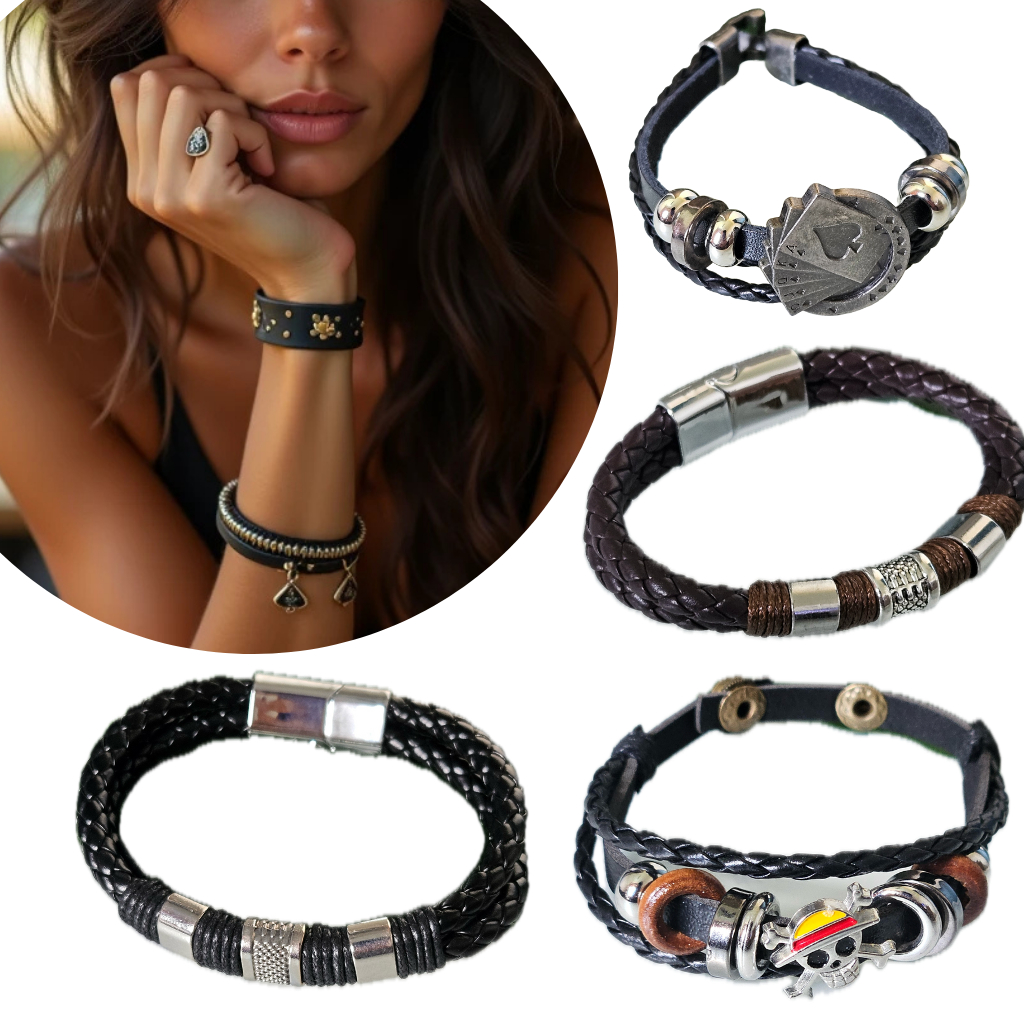 Pulseira masculina e feminina couro sintético, Pulseiras masculina cartas couro sintético, one piece luffy pirata