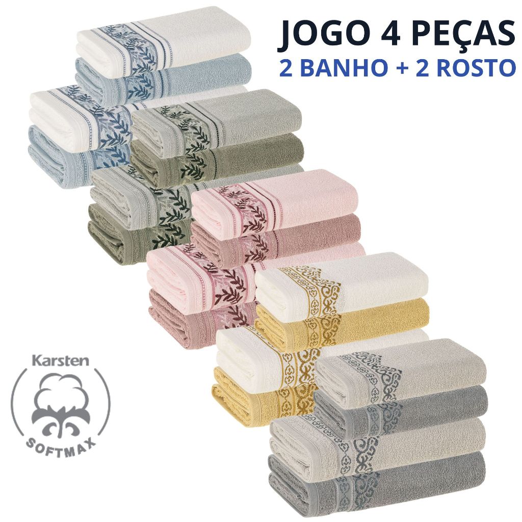 Jogo de Toalhas Karsten 100% Algodão Banho Rosto 4 Pçs Tecnologia Soft Max Alta Absroção Anis Mayan