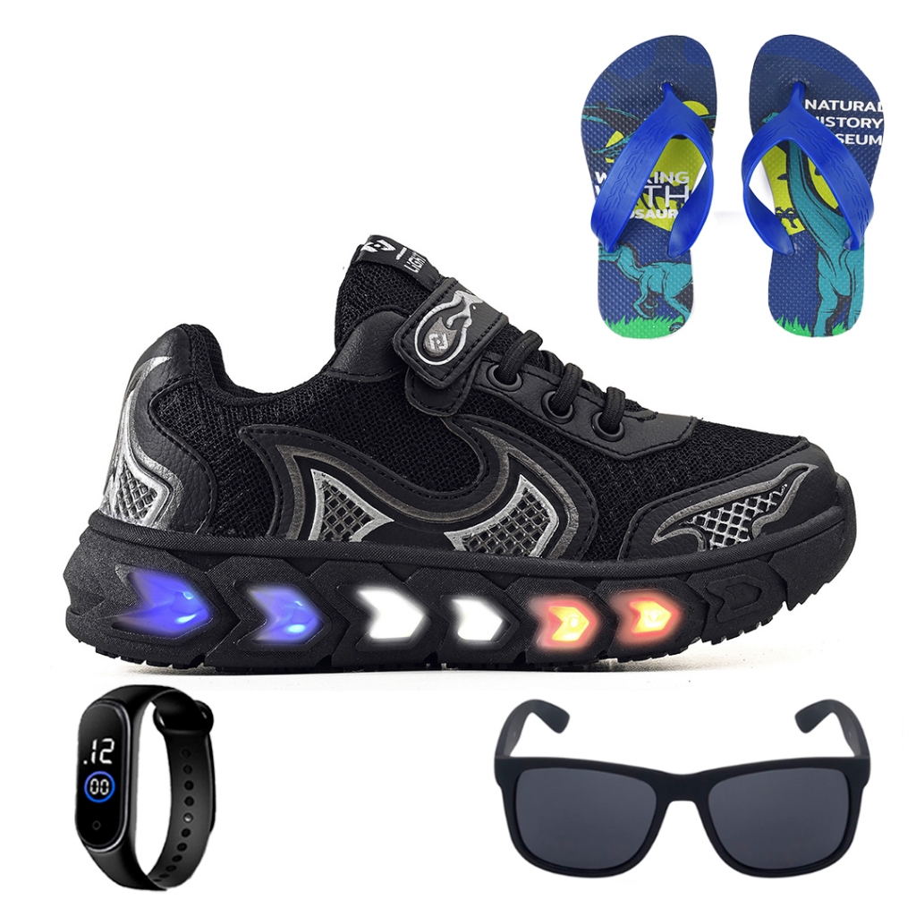 Tenis Infantil De Led Casual Jogger Meninos Escolar Basico + Chinelo + Oculos + Relogio em Oferta na Shopee