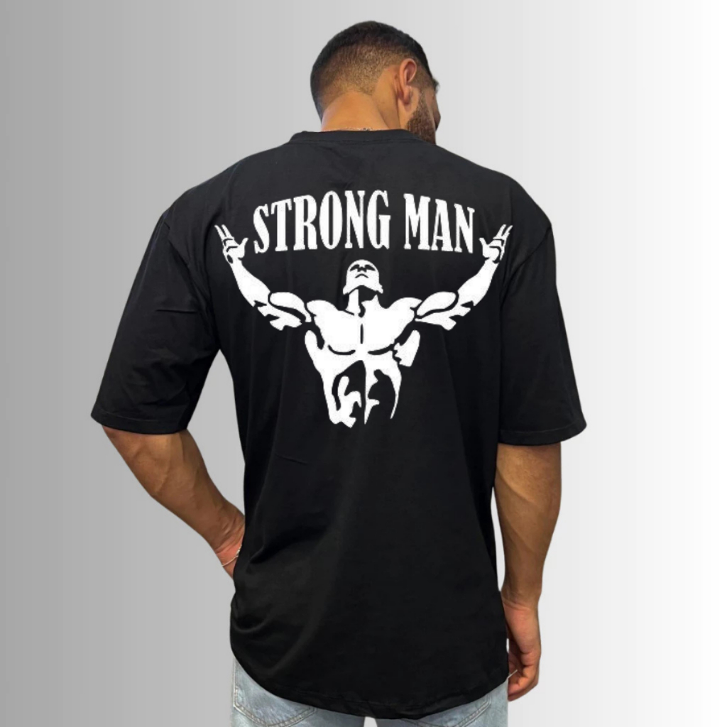 Camiseta Oversized Musculação Academia Bodybuilder Grande Larga STRONG MAN Estampado Moda Esporte