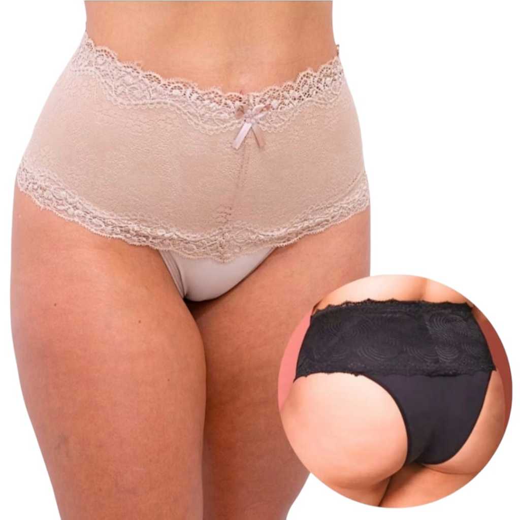 Kit 3 CALCINHA LINGERIE CINTA RENDA COTTON ALTA COMPRESSÃO MODELADORA CÓS ALTO REDUZ AFINA CINTURA