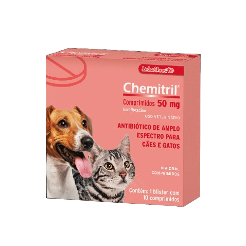Chemitril 50mg Chemitec Antibiótico Enrofloxacina para Cães e Gatos - 10 Comprimidos - Pets