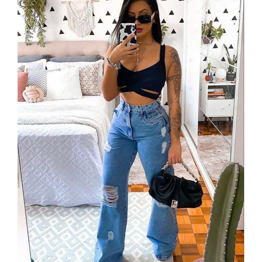 Calça Jeans Wide Leg Clara Rasgada Feminina Perna Larga Pantalona Cintura Alta