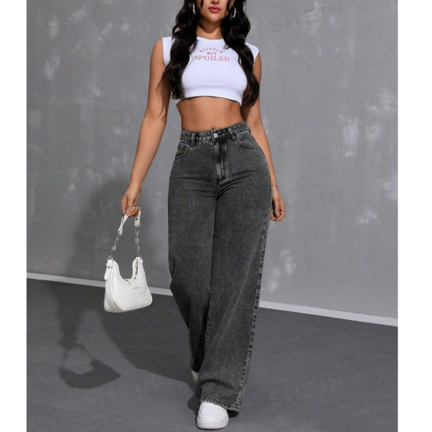 Calça Jeans feminina Wide Leg Marmorizada Cinza Pantalona boca larga Cintura alta premium