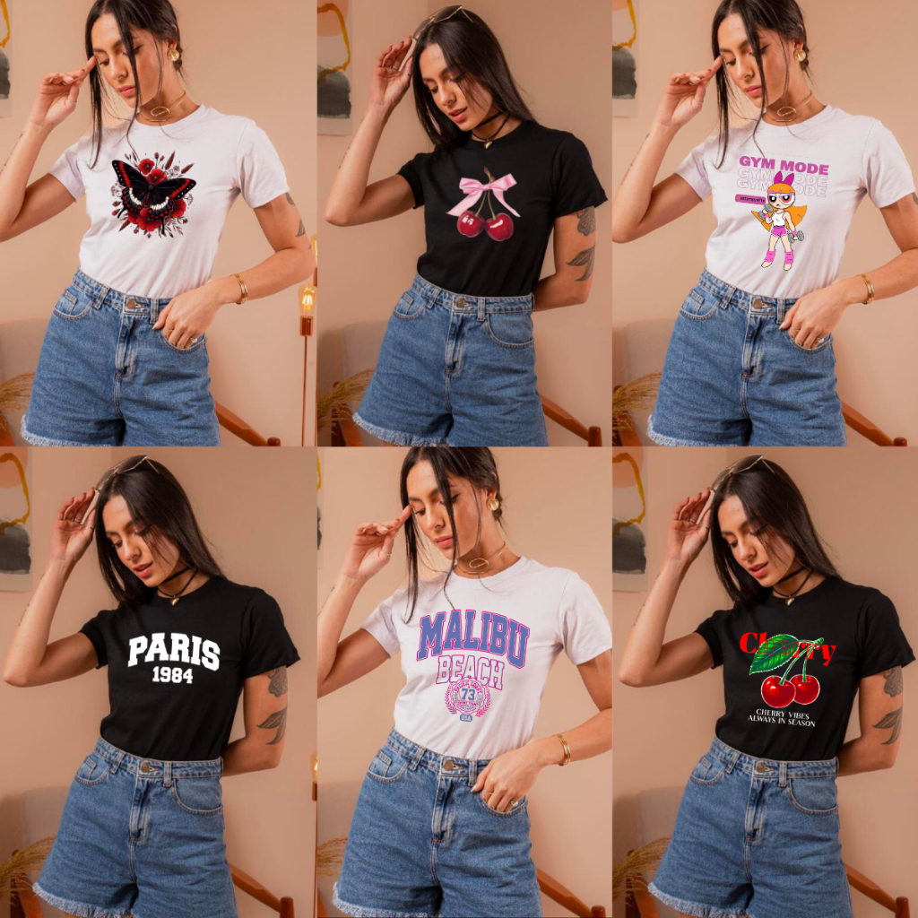 Blusa Feminina T-shirt Baby Look Estampadas Blusinha Baby Look Manga Curta Verão Tecido Algodão Premium PROMOÇÃO