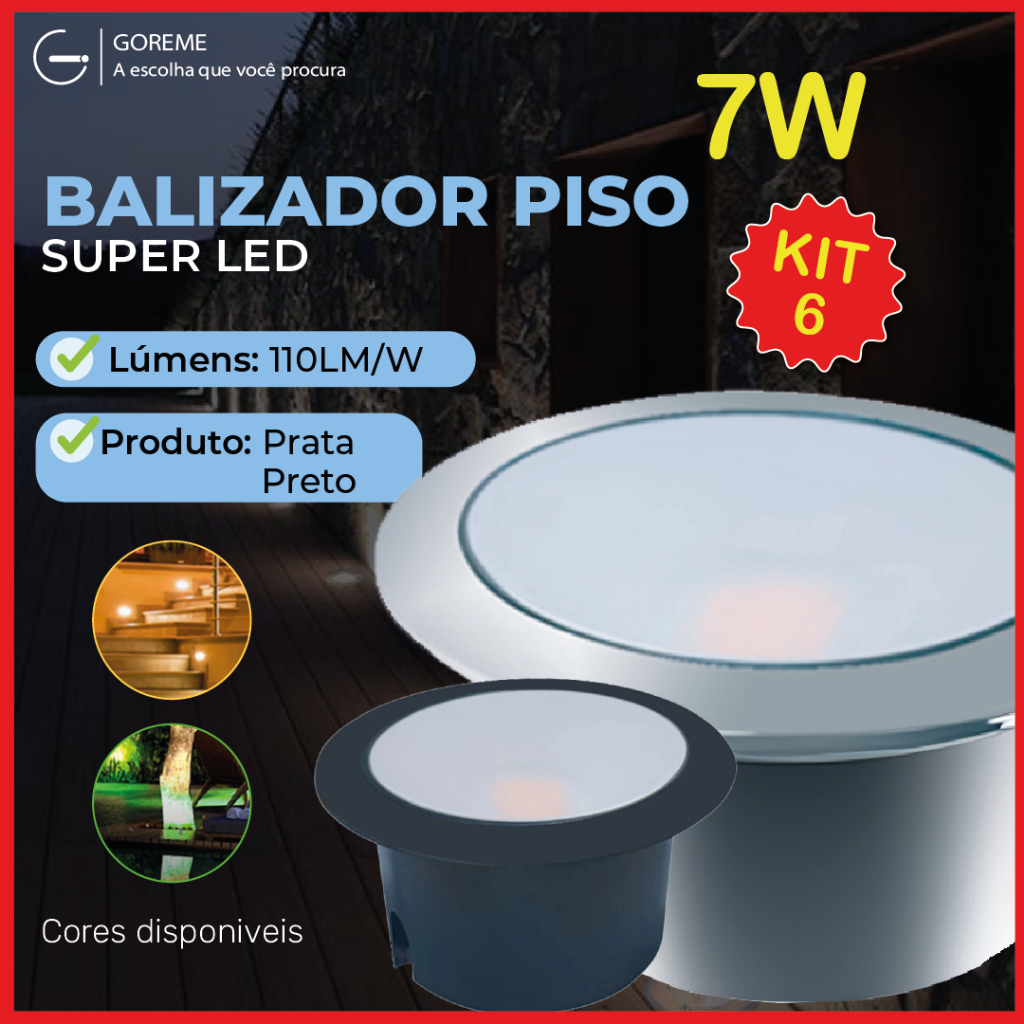 Kit 6 Balizador Spot LED Embutir Chão Piso Jardim 7W Branco Quente 3000K IP65 Bivolt 60Hz em Oferta na Shopee