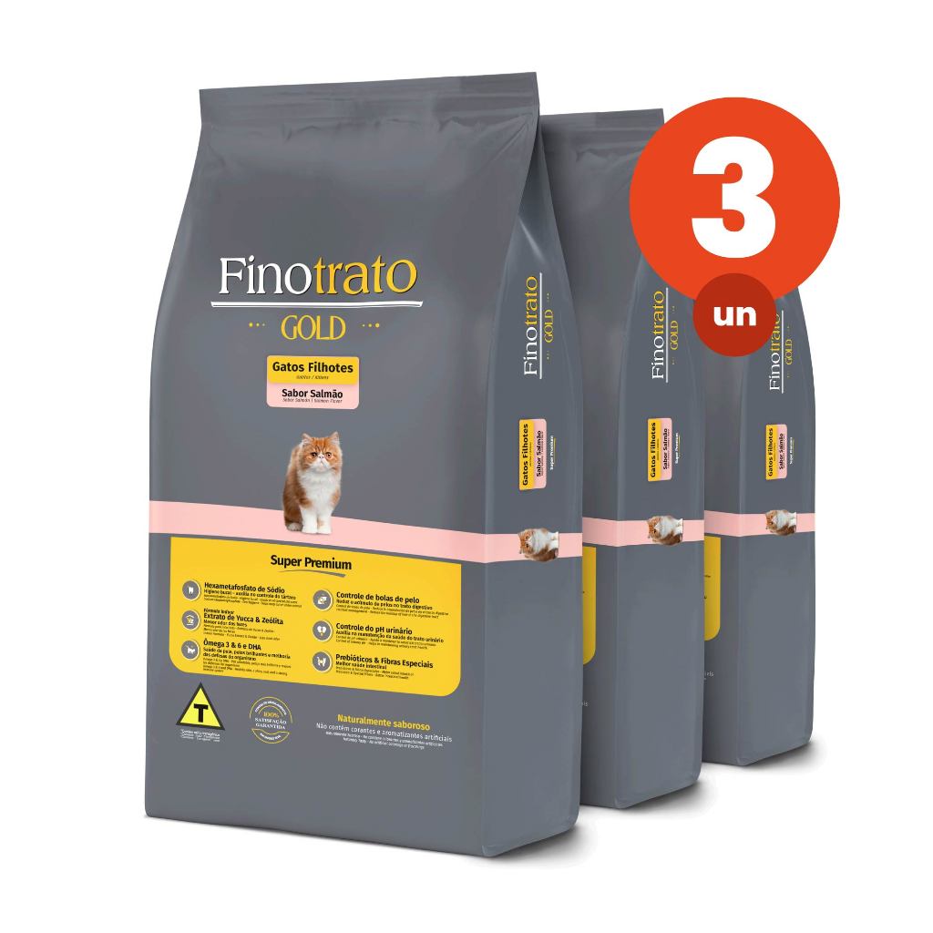 Kit 3 Ração Finotrato Gold Super Premium Para Gatos Filhotes Sabor Salmão 1kg - Pets