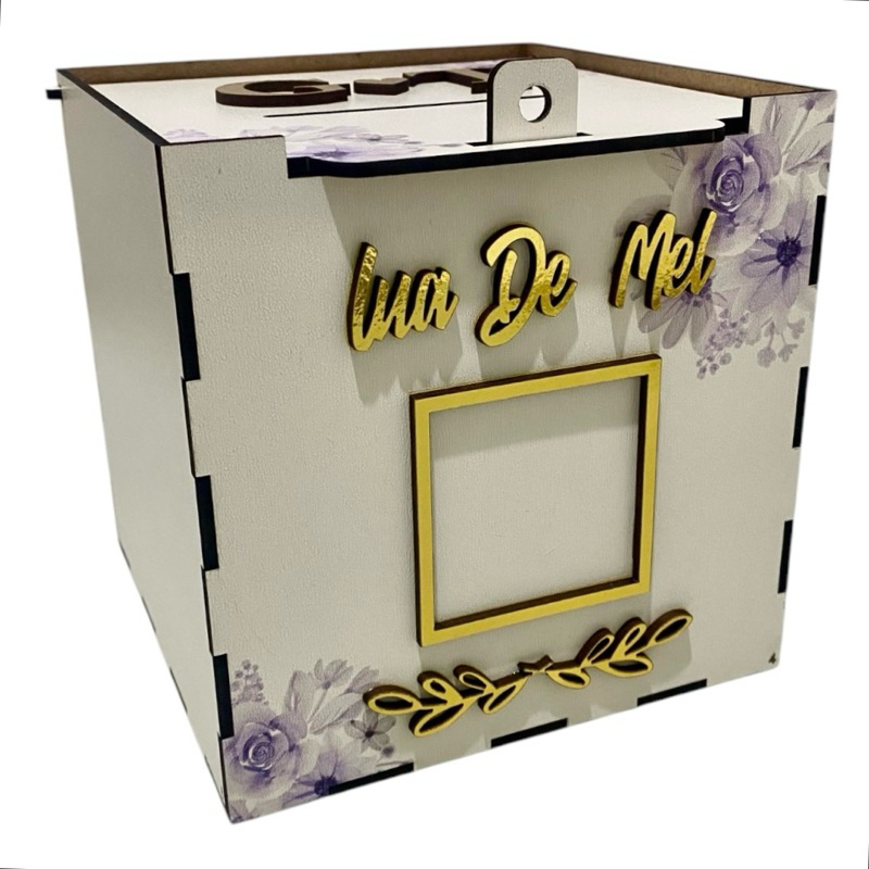 CAIXA COFRE PARA CASAMENTO PERSONALIZADA LUA DE MEL E GRAVATA COFRE FLORES LAVANDA em Oferta na Shopee