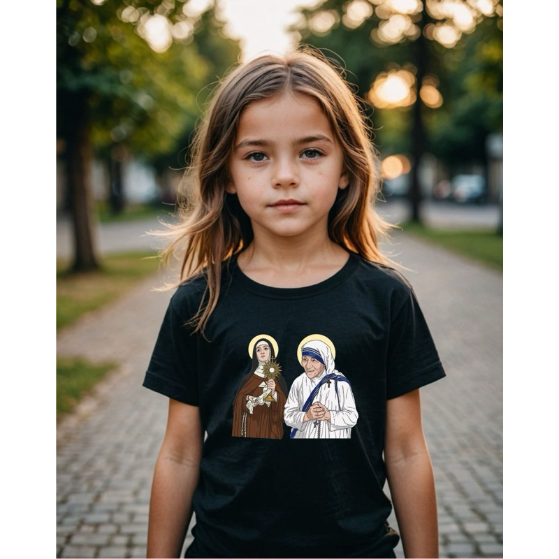 Camiseta T-shirt Santa Madre Teresa de Calcutá e Santa Clara Infantil Adulto Plus Size