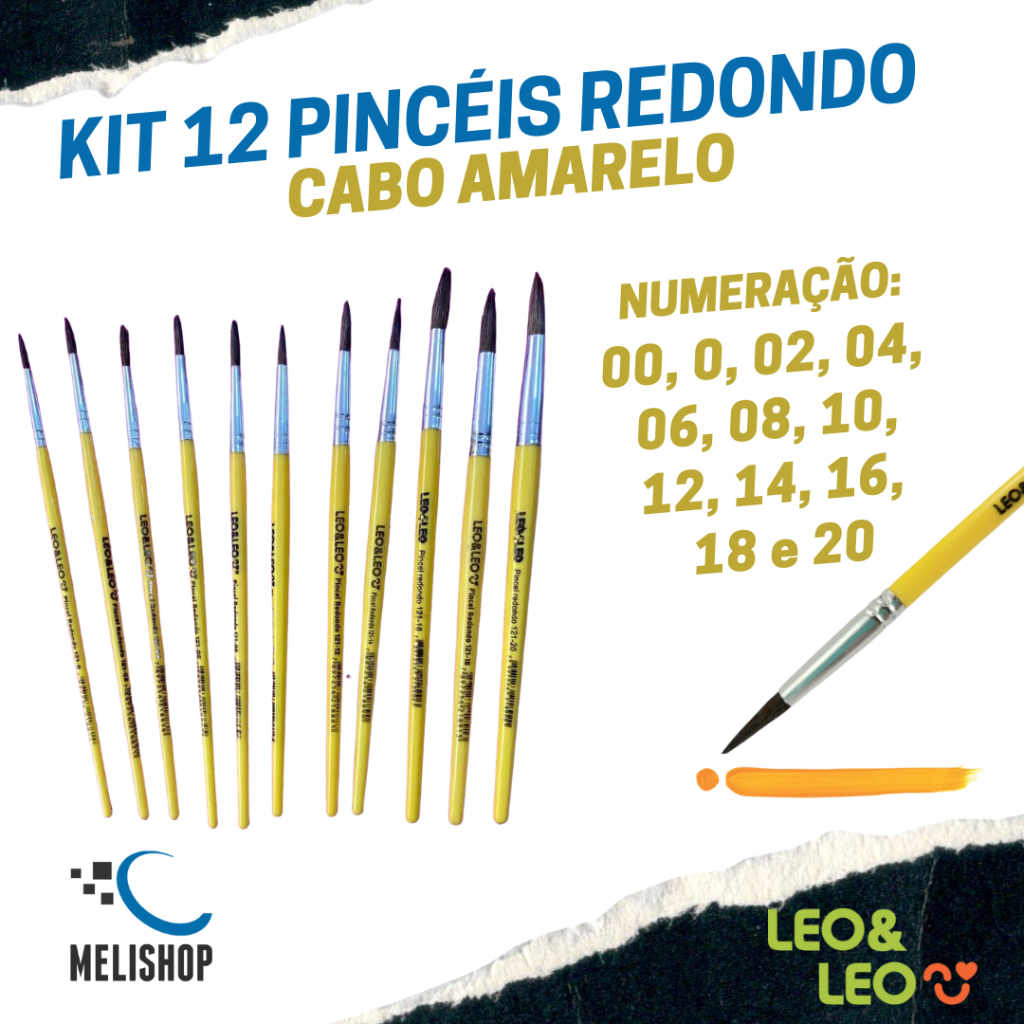 Kit 12 Pincéis Redondo nº 00 0 2 4 6 8 10 12 14 16 18 e 20 Escolar Artesanato Leo e Leo em Oferta na Shopee