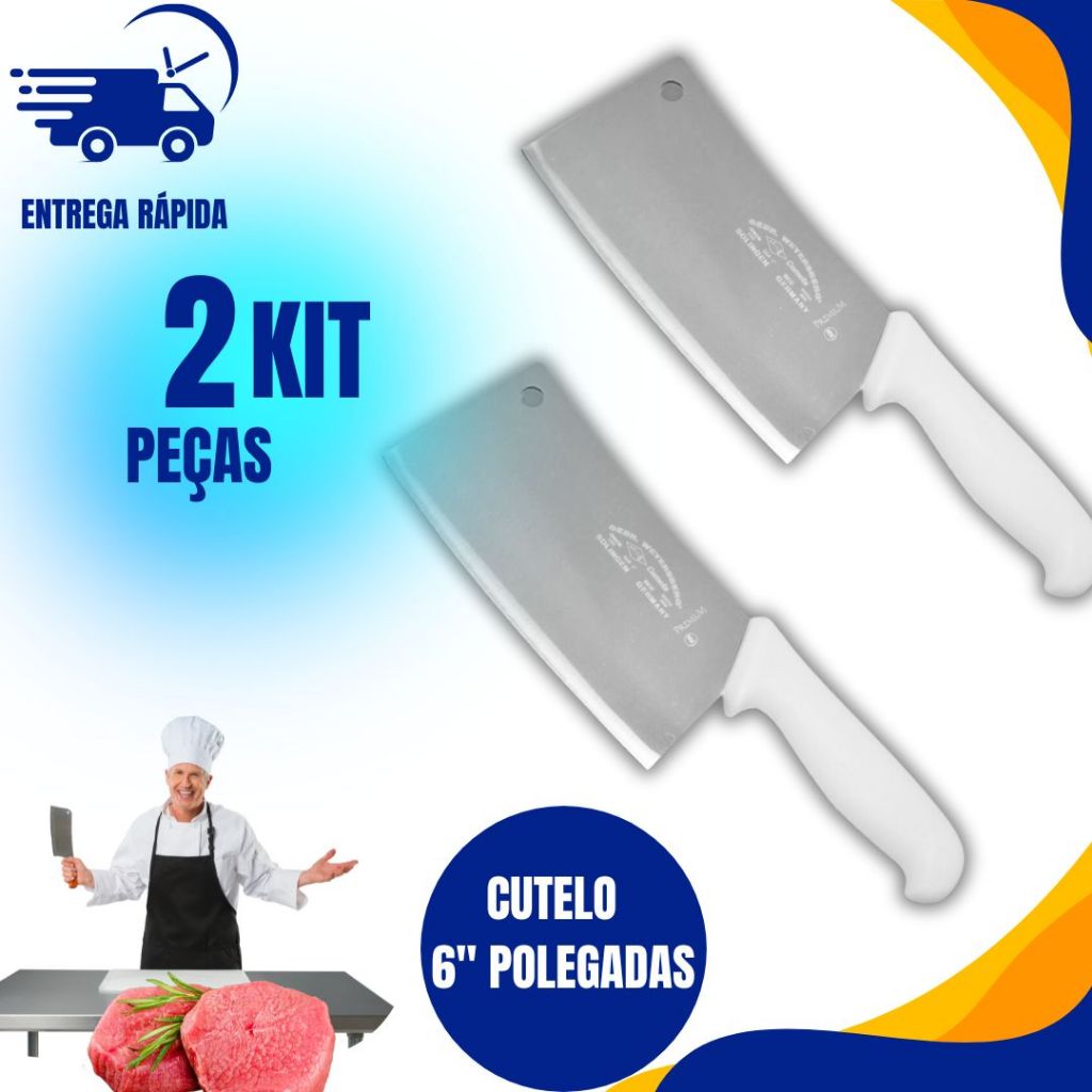 Kit Faca Cutelo Machadinho Profissional Inox 6 Polegadas Do Chef Cabo Branco 28,5 cm