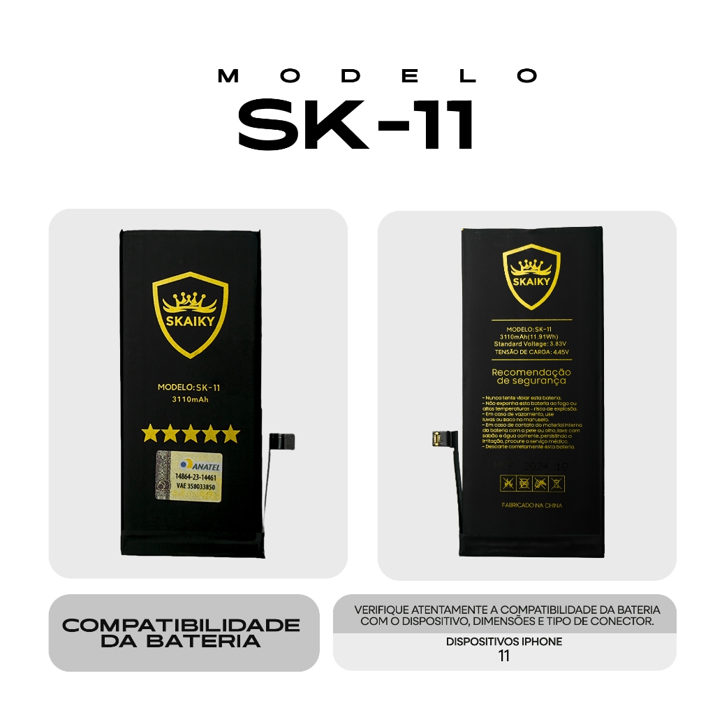 Bateria Premium Oficial Skaiky Compativel Com IPhone 11 Homologada Anatel