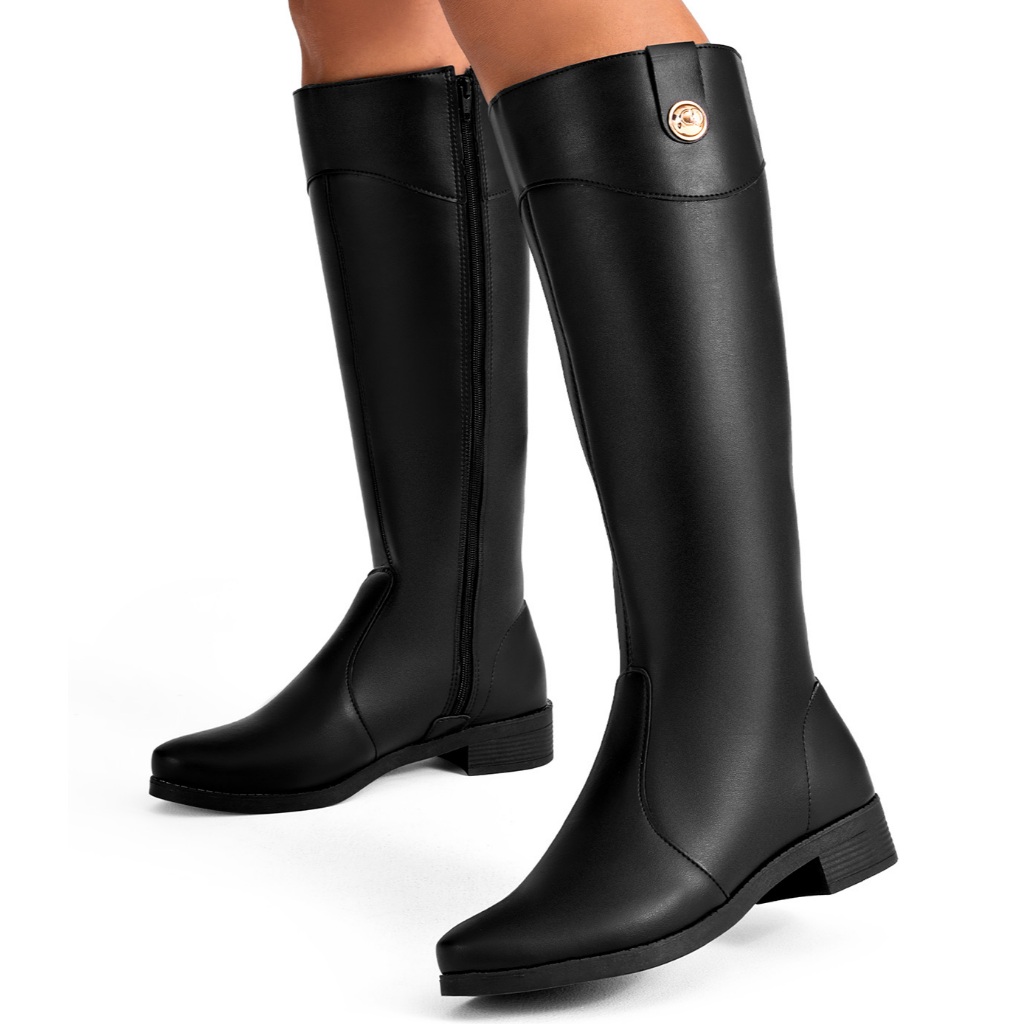 Bota Feminina Lumiss Rasteira Cano Alto Bico Redondo Montaria Preto