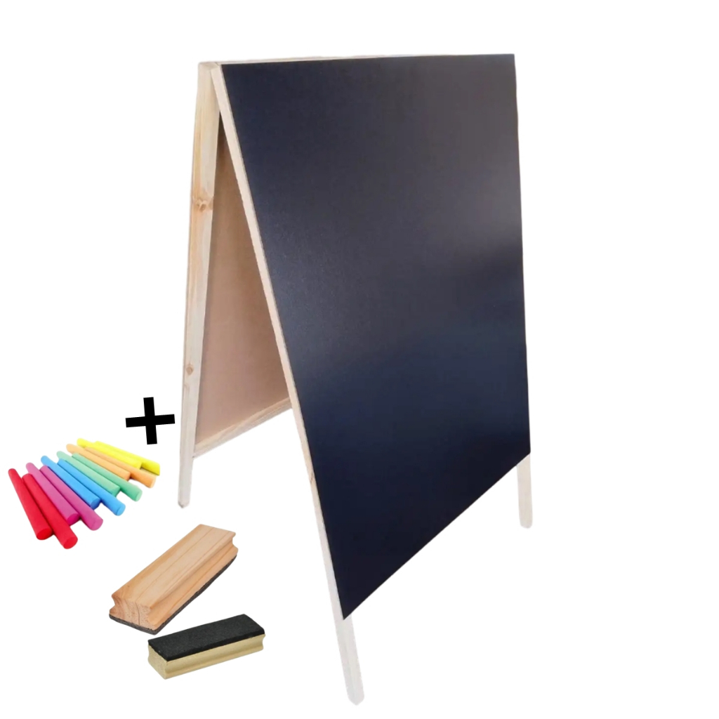Cavalete Calçada Cardápio Lousa Preta 100x60cm Mold. Natural c/ Giz e Apagador