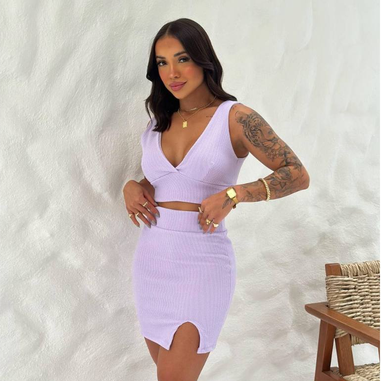 Conjunto Feminino Top Cropped e Saia Cintura Alta Com FendaTubinho Anarruga Colado Gringa Decote Verão em Oferta na Shopee