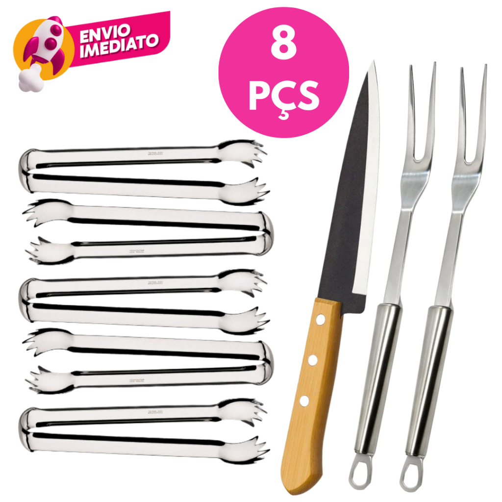 Kit Churrasco 08 Pç: 02 Garfo Trinchante Inox/05 Pegador Carne/01 Faca Peixeira 7” Churrasqueira