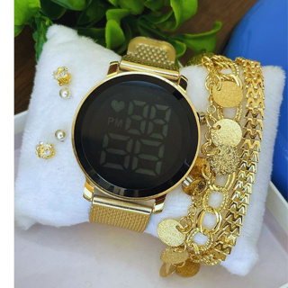 Relógio Feminino Led Digital Kit Redondo Pulseira + Brinco Pulso Led Rosé Prata Preto Dourado em Oferta na Shopee