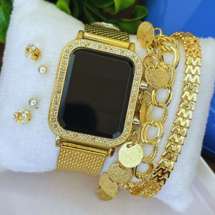 Relógio Feminino Digital Quadrado Brilho Led com Brilho Em Pedras Strass