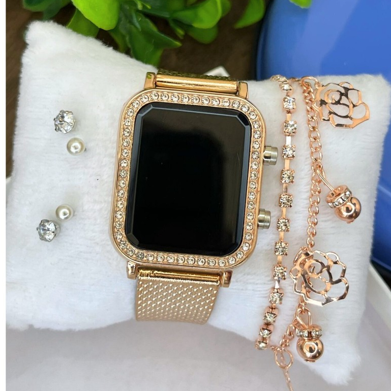 Relógio Feminino Digital Quadrado Brilho Led com Brilho Em Pedras Strass