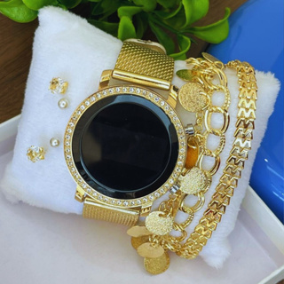 Kit Relógio Feminino Digital Redondo Com Brilho Em Pedras Strass em Oferta na Shopee