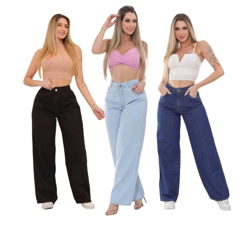 Calça Jeans Feminina Wide Leg Pantalona Cintura Alta Básica