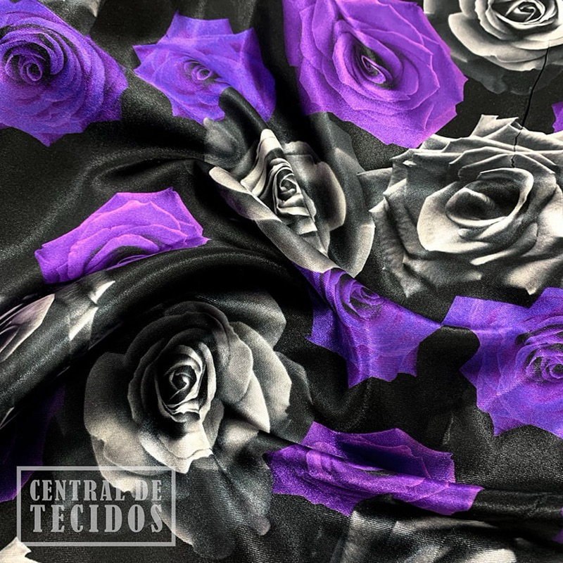 Cetim Estampado Digital Rosas Roxas e Pretas
