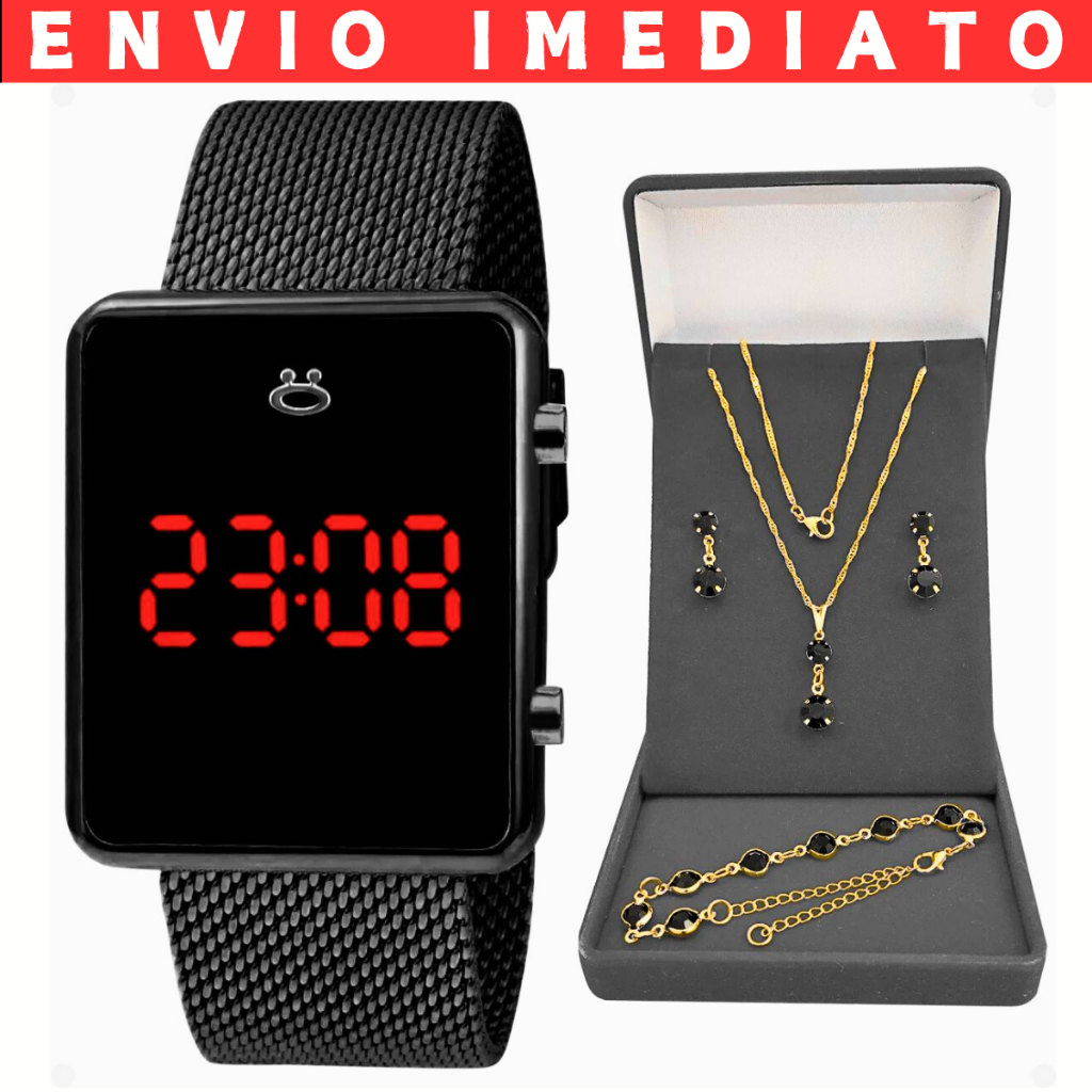 Relógio Feminino Digital Luxo + Brincos Strass + Colar Strass + Pulseira Premium Kit Presente em Oferta na Shopee