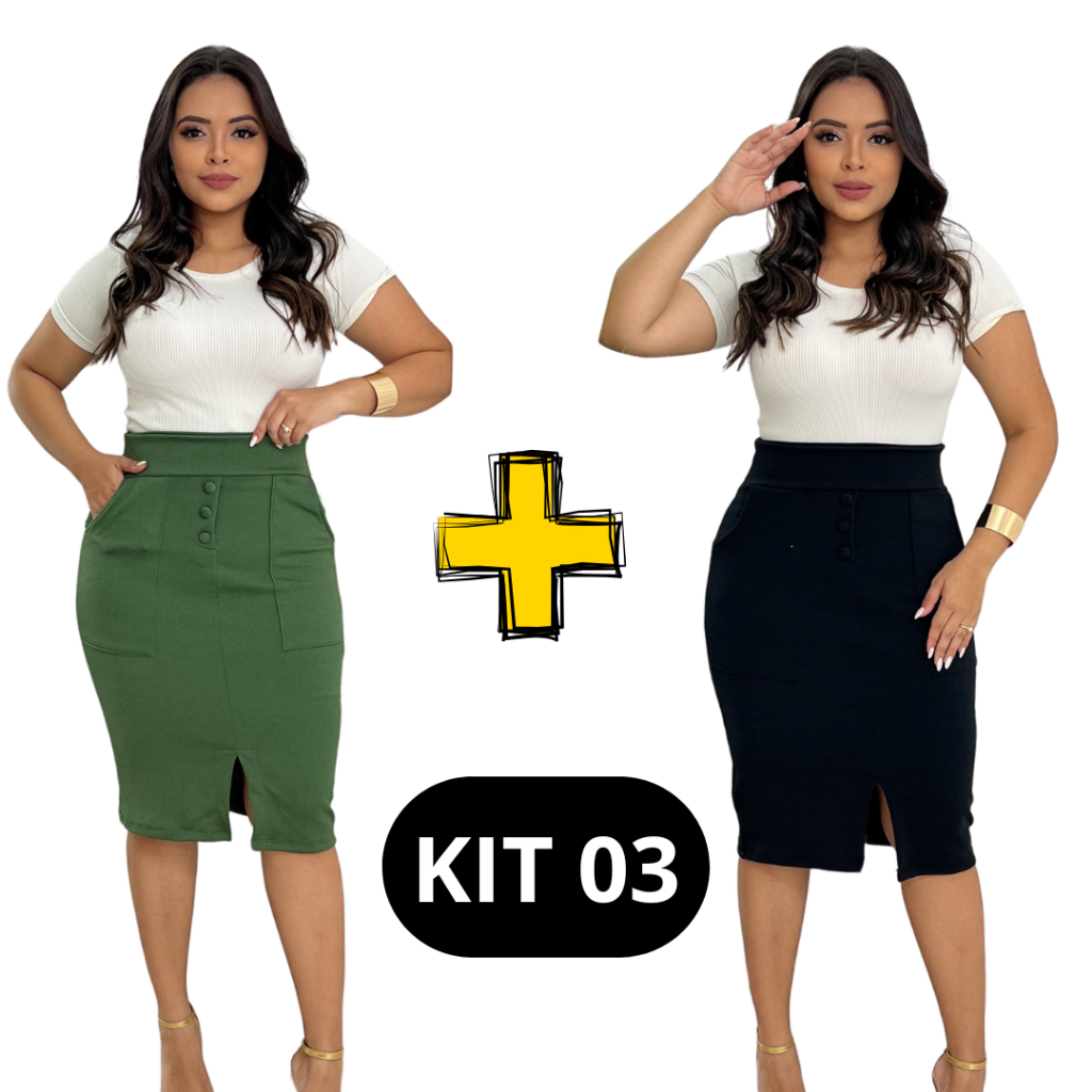 Kit 02 Saia Feminina Com Fenda Bolso e Detalhe Em Botão Fake Social Saia Midi Feminina Patê Falso em Oferta na Shopee