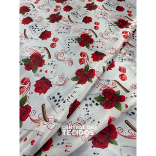 Cetim Estampado Digital Baralho Cartas Rosas Navalha em Oferta na Shopee