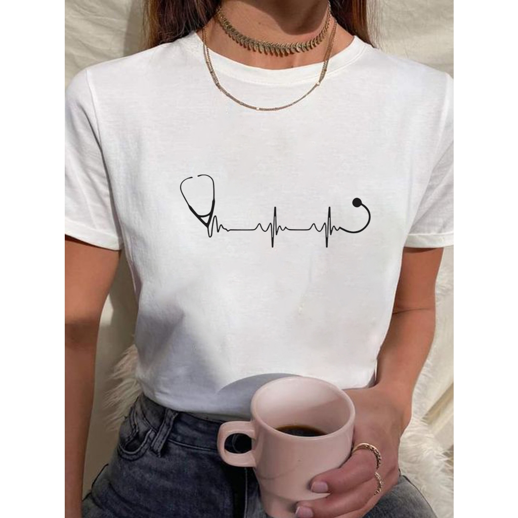 Camiseta Feminina Babylook t shirt batimentos medicina medica estetoscópio 100% Algodão