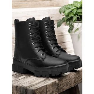 Bota Coturno Feminino Legítimo Tratorada  Blogueira Cano Medio Confortável 2025