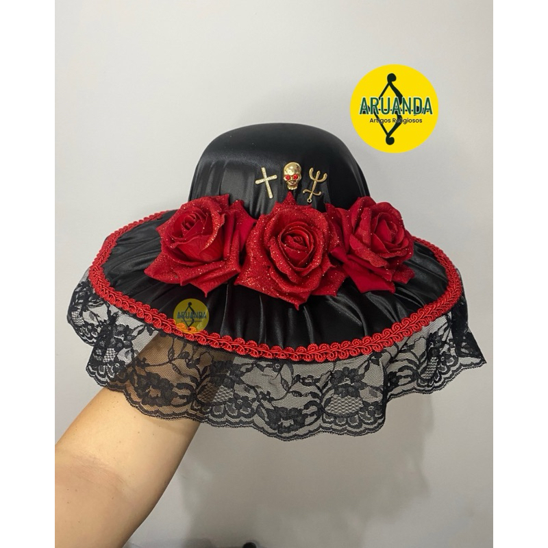 Chapéu de pomba gira preto e vermelho com véu. Rosa Caveira, Maria Padilha das Almas, Maria Caveira…