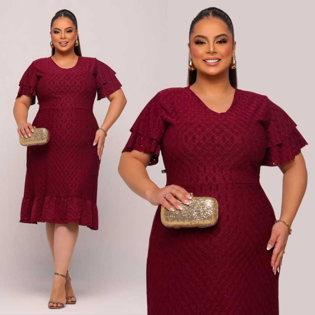 Vestido Midi Plus Size Feminino Forrado em Laise de Malha Elegante Moda Evangélica | Modelo Encanto