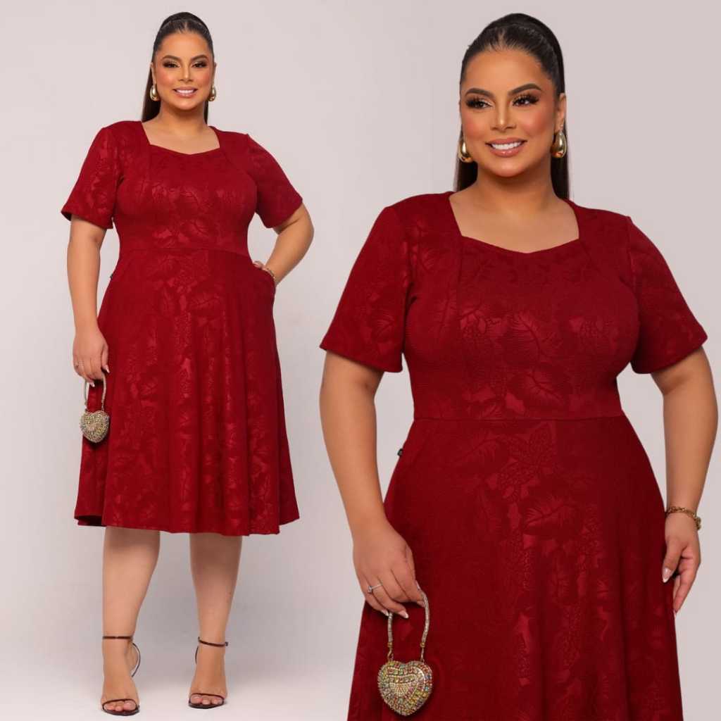 Vestido Midi Plus Size Feminino Jacquard com Bolso Malha 3D Elegante e Confortável Moda Evangélica | Modelo Sintonia