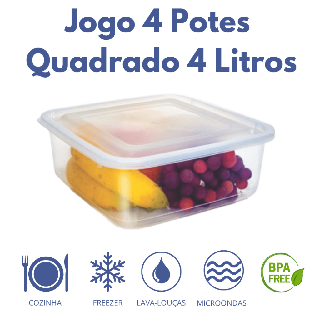 Kit 4 Potes Quadrado Transparente 4 Litros Tampa Hermética BPA FREE Organizador de Geladeira