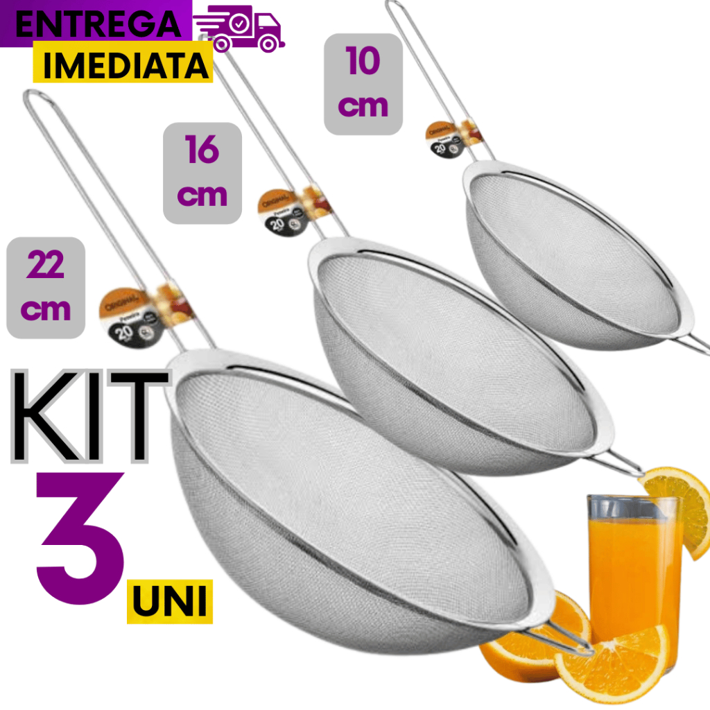 Conjunto Jogo Kit 03 unidades Peneira Coador Manual Em Aço Inox Para Cozinha 10cm 16cm 22cm