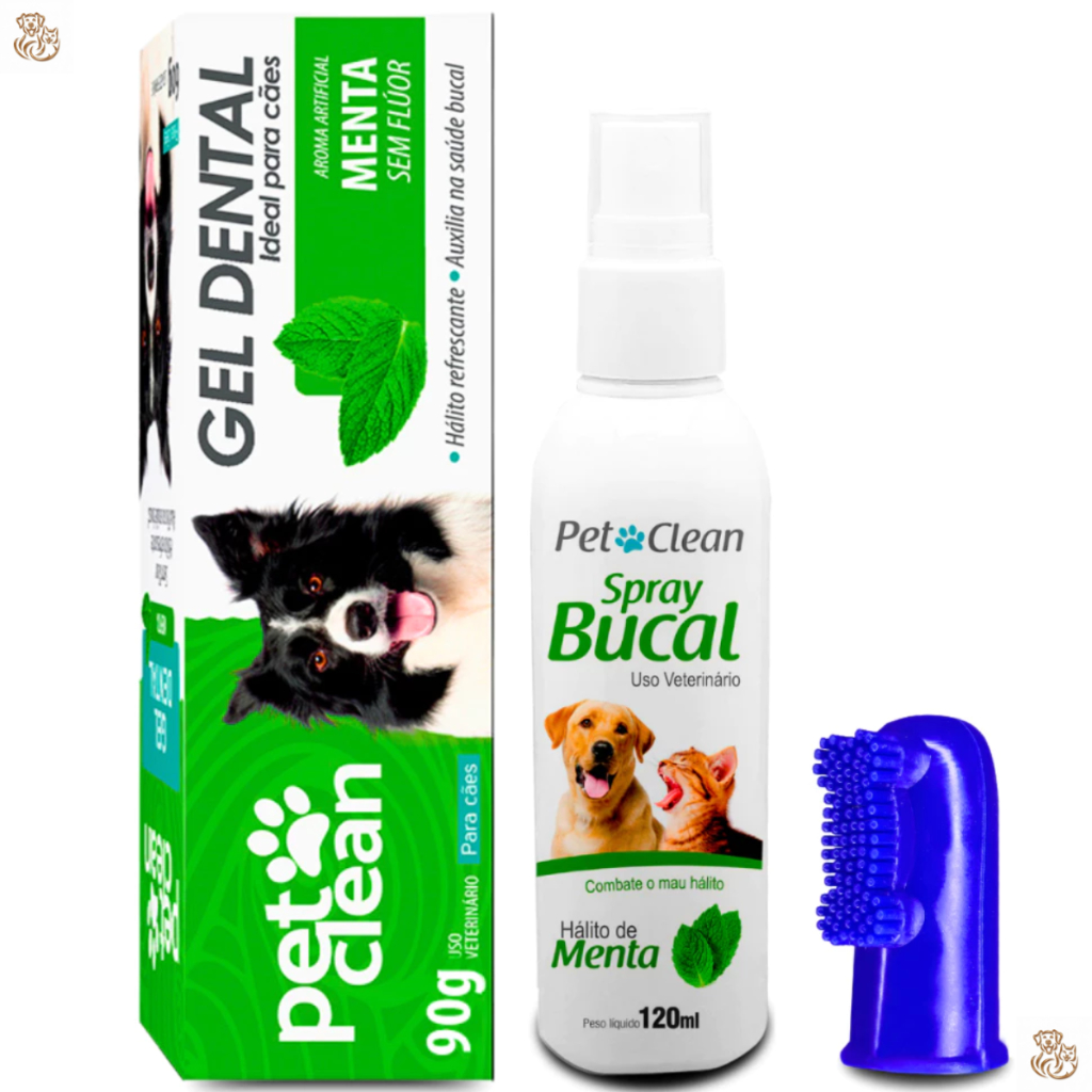 Kit Higiene Bucal com Spray Bucal + Escova (dedeira) + Gel Dental para Cães e Gatos PetClean - Menta