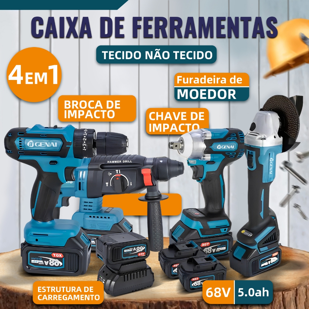 Brushless Kit 4 Em 1 Ferramentas Martelete Esmerilhadeira Lixadeira Parafusadeira Chave Impacto Com 2 Baterias 68V
