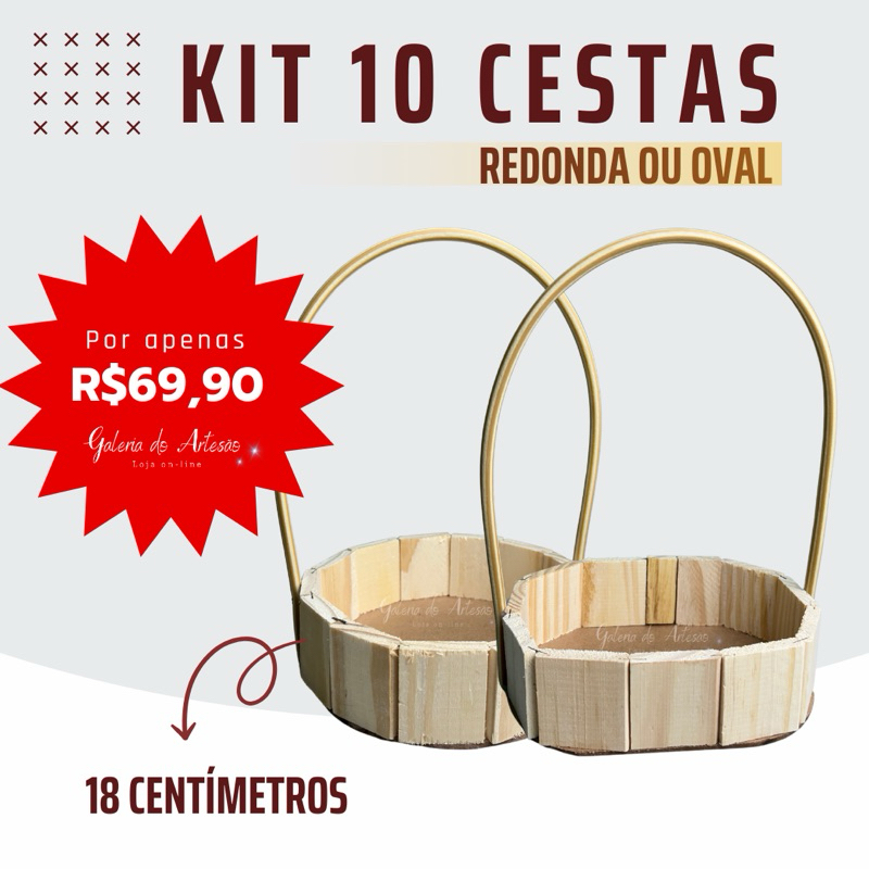 KIT 10 Cestas 18 Centímetros de Madeira Redonda ou Oval - embalagem|presentes|comemorações