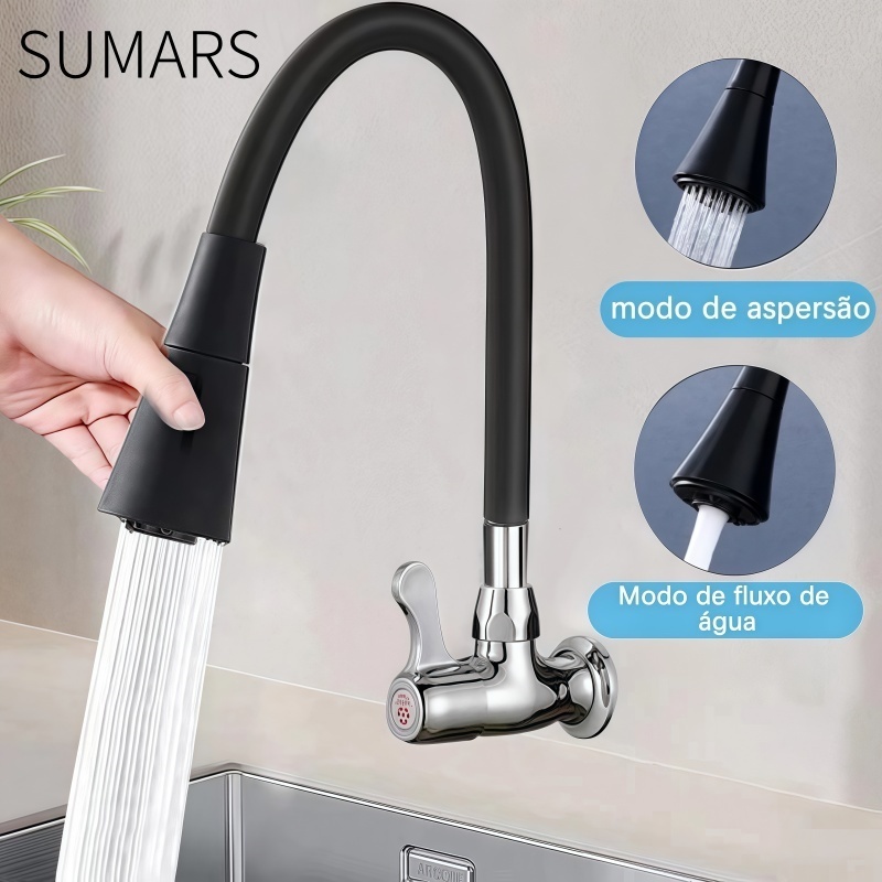 Torneira Cozinha Parede preta Flexível Duplo Jato Cone 1/4 de Volta 40cm