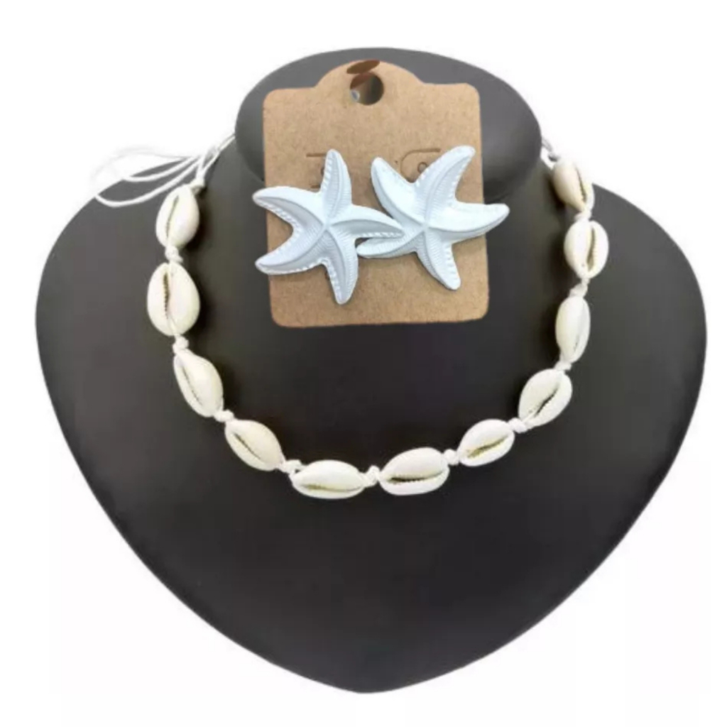 Colar Chocker Búzios Gargantilha + Brinco Estrela Do Mar
