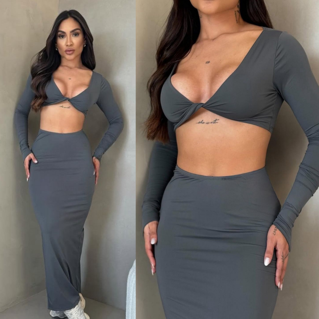 Conjunto Kyile 2 peças suplex cintura alta saia longa fenda manga longa elegante casual diferenciada blogueira em Oferta na Shopee