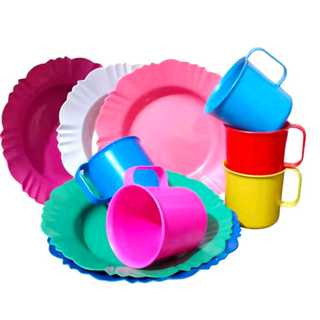 Prato Fundo Pétala + Caneca 310ml Mix de Cor; Kit 6,10,20 ou 30 peças(plástico). Escola/Festa. em Oferta na Shopee